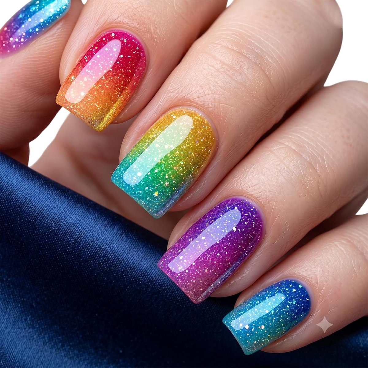 press-on nagels kort 24 stuks, regenboog glitter vierkant, kunstnagelset met nagellijm en vijl, kunstmatige vingernagels voor vrouwen en meisjes, herbruikbaar