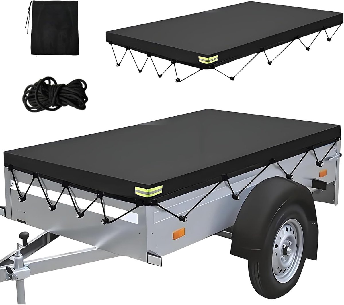 Afdekzeil voor aanhangers, 214 x 122 x 13 cm, waterdicht, winddicht, scheurvast, met dekzeil, 750 kg, aanhanger, plat zeil, dekzeil voor vele autoaanhangers