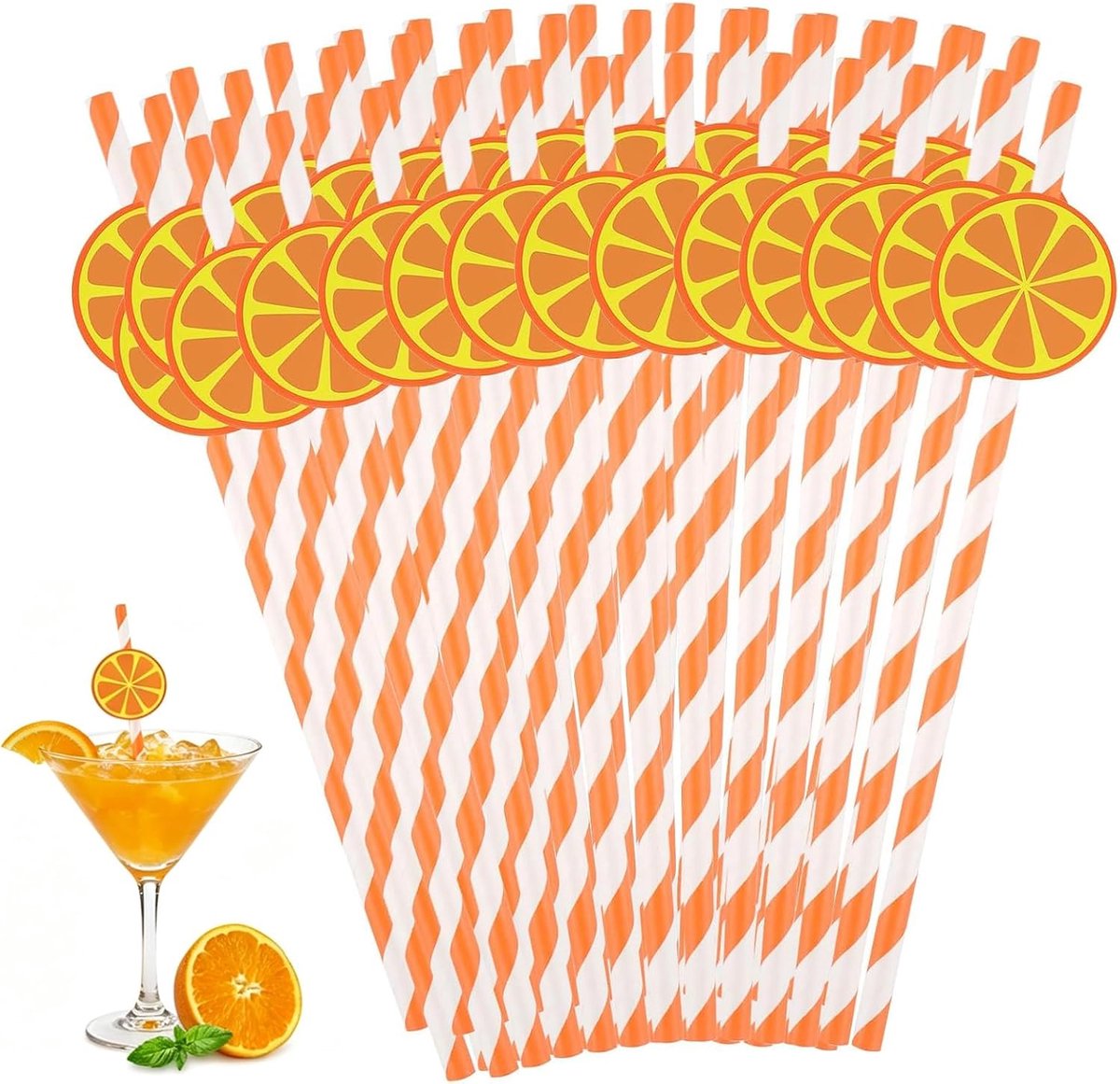Rietjes, 20 cm, grappige oranje aperol rietjes, biologisch afbreekbare natuurlijke rietjes voor zomerfruitfeest, verjaardag, bruiloft, bar (oranje)