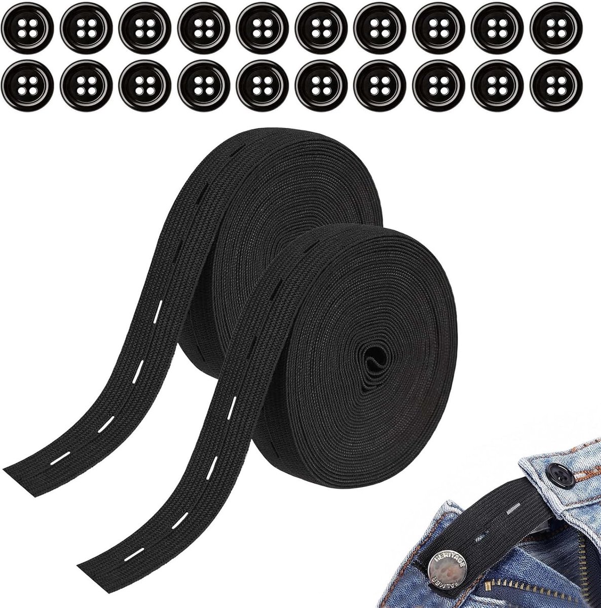 Elásticas con Ojales 2 PCS 20mmx5m Banda de Costura Plana Cinta de Goma Elástica con 20 Botones Ajustable para Pantalones Pretinas Maternidad Costura DIY Black