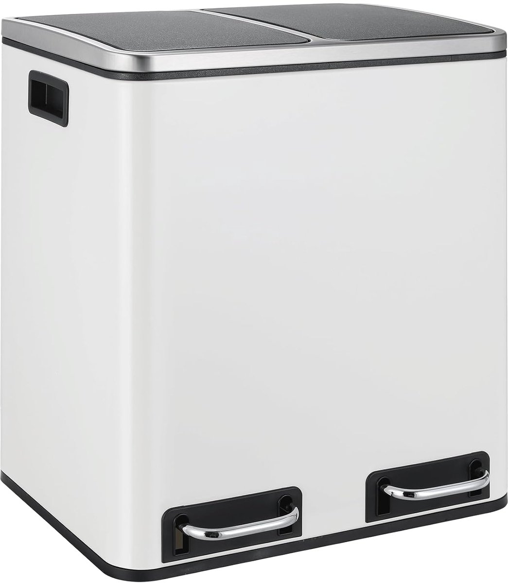 Vuilnisemmer 2 vakken, 2 x 15 liter afvalemmer keuken van metaal, softclose-deksel, binnenemmer afneembaar, handgrepen, dubbele pedaalemmer, voor single-woning, klein gezin, wit