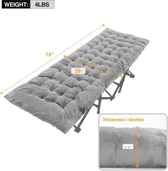 XL zacht campingbed, veldbedkussen, martratze voor veldbed, inklapbaar, 190 x 70 cm, comfortabel, goed dik katoenen kussen met hoogwaardige polyestervulling, slaapmatras pad — afbeelding 3