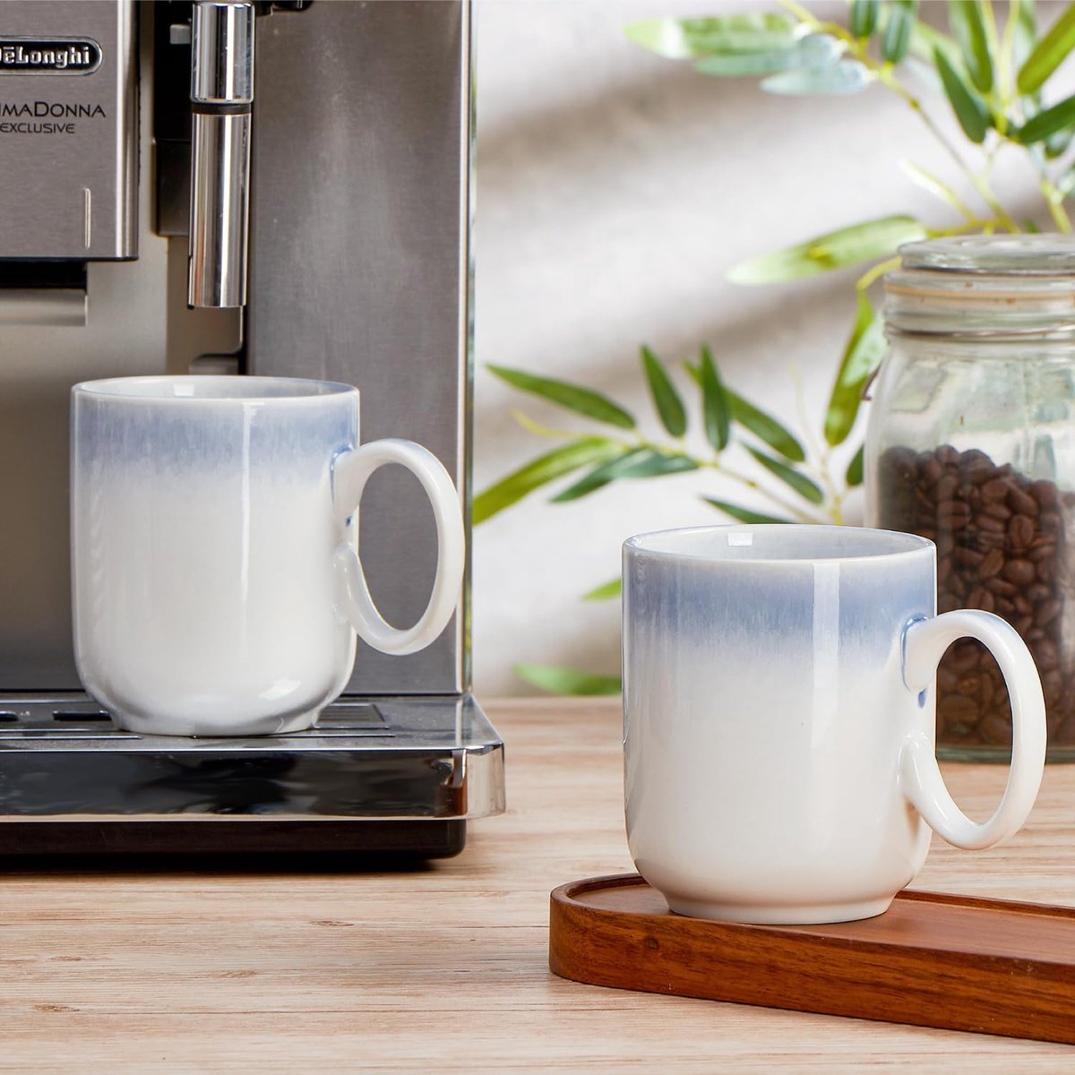 set van 4, 350 ml keramische koffiekop met handvat voor thee, cappuccino, latte, cacaosap, melk, warme chocolademelk met grappige kleurverloop, blauwe mok, housewarming geschenken voor