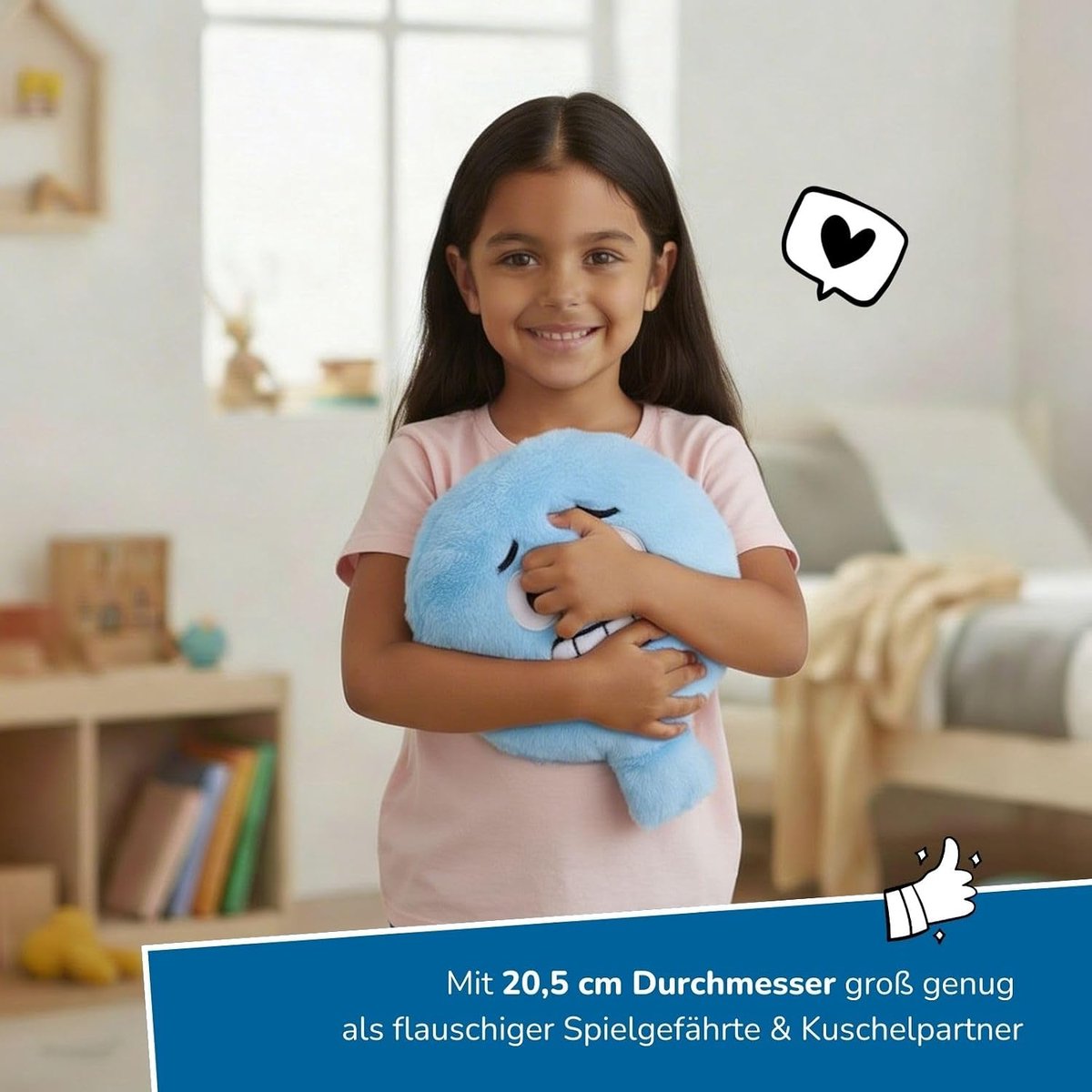 Pluche scheetkussen Bibber, blauw, Ø 20,5 cm, pupkussen met geluid, emoties spelenderwijs ontdekken, knuffel- en plezierkussen vanaf 3 jaar
