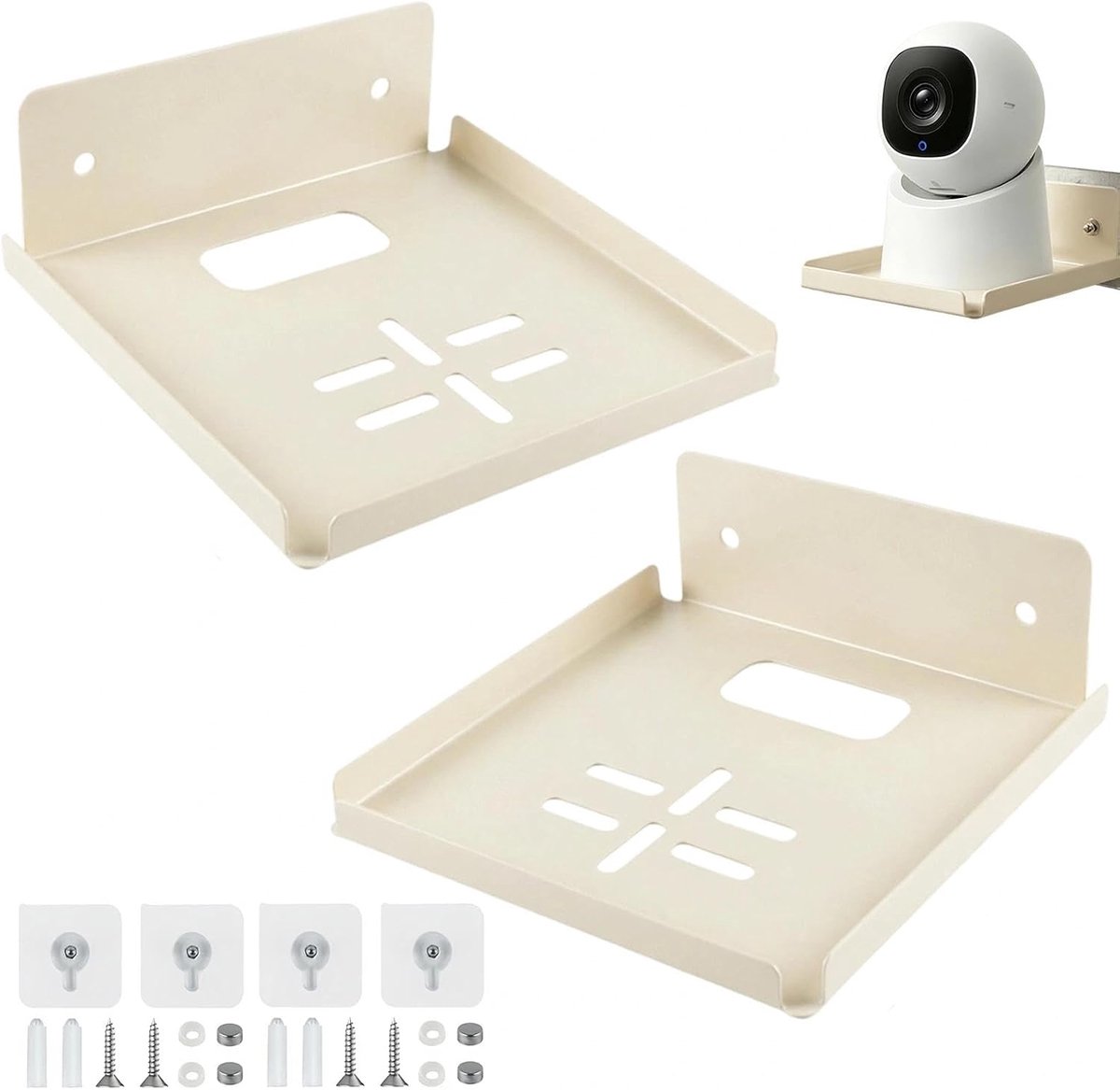 2 stuks wandrek zonder boren, 12 x 12 cm, klein wandrek met kabeldoorvoer, crèmekleurige bewakingscamera houder, moderne zwevende planken, voor woonkamer, kantoor, eetkamer