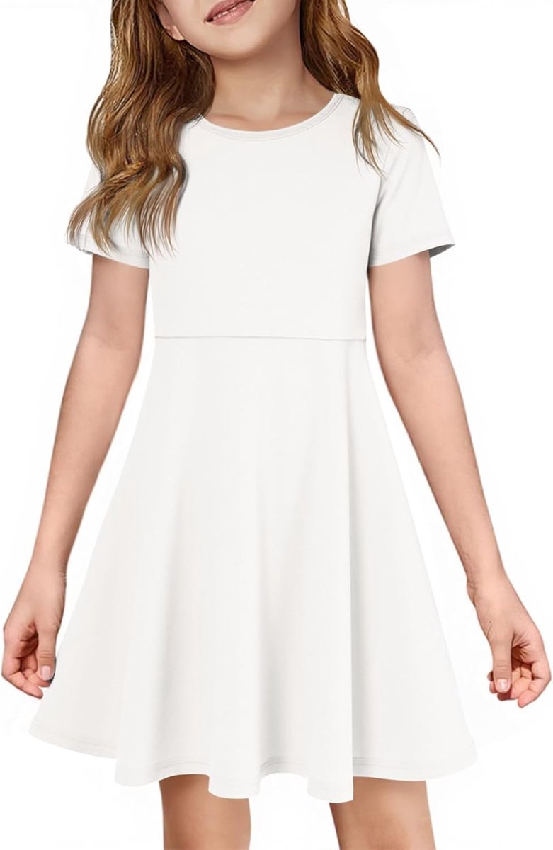 Meisjesjurk met korte mouwen, ronde hals, vrijetijdsjurk, A-lijn, ruches, zomerjurk, effen, casual, elegant, feestjurk, verjaardag, bruiloft, feestelijke jurk
