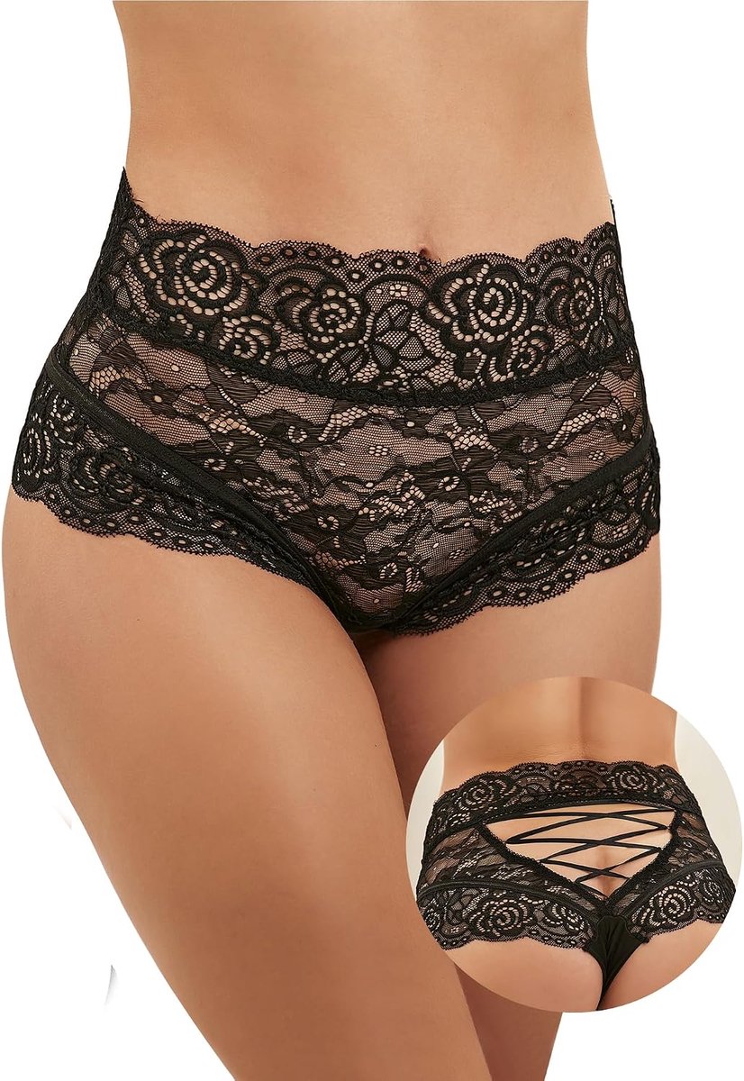 ohmydear Damesslip van kant met bloemenpatroon, tanga met hoge taille, sexy transparante onderbroek, sexy ondergoed, curvend, erotisch, Braziliaans ondergoed, hipster