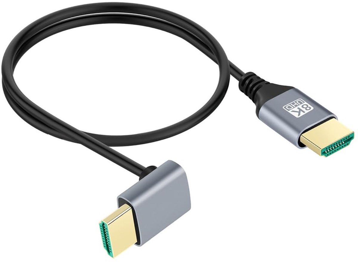 cablecc Ultra Dunne HDTV HDMI 2.1 Mannelijk naar Mannelijk Kabel 8K 4K Hyper Super Flexibel Slank Koord 90 Graad Omlaag Gericht Type-A voor Computer HDTV 100cm