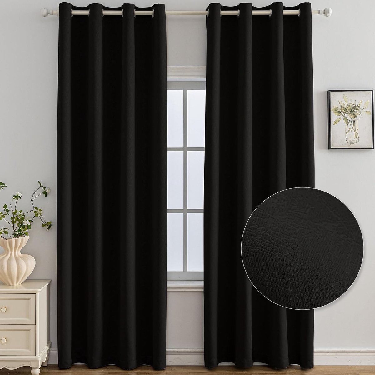 Set Van 2 Thermische Verduisterende Gordijnen, 140x280 CM, Warmte-Isolerende Gordijnen, Geschikt Voor Woonkamer Slaapkamer, Modern Design Met Oogjes, Zwart