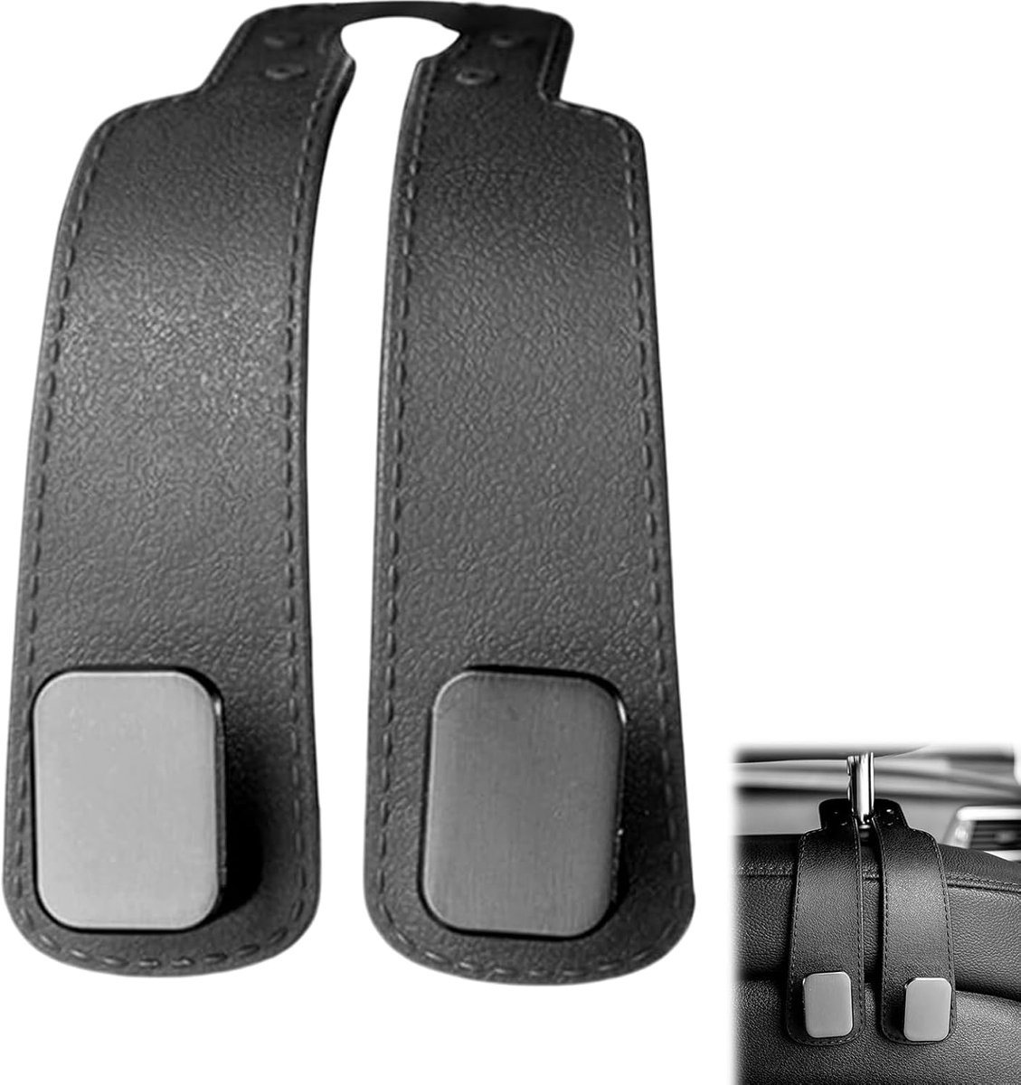 Haken voor de auto, 4 stuks Auto Organizer, Nieuwe dubbele haak hoofdsteun haken van kunstleer, Tashouder voor handtas, jas & tassen in de auto (Zwart)