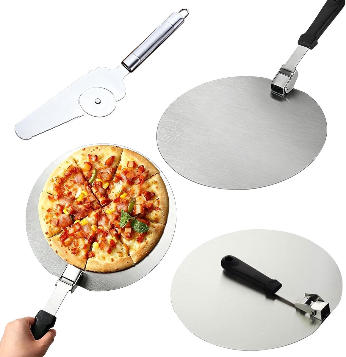 Pizzaschep, pizzaschep, roestvrij staal, set van 2, 30 cm, inklapbare handgreep + 2-in-1 pizzasnijder, pizzaschep set met pizzaschep, oven, pizza-accessoires van roestvrij staal voor beginners en