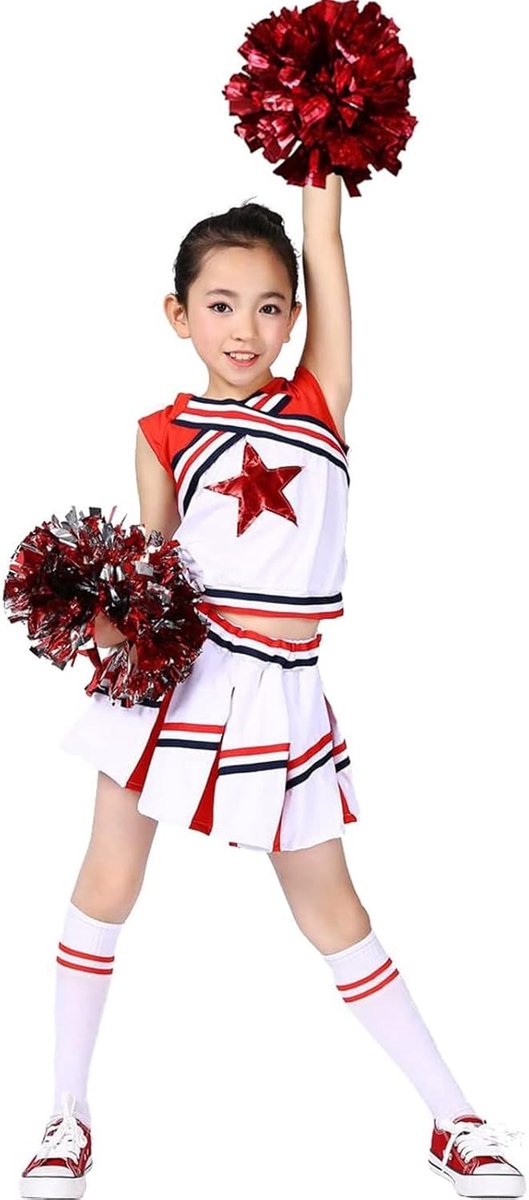 Mardi Gras-kostuum voor meisjes, cheerleadingjurk met pompons en sokken, cheerleadinguniform voor de middelbare school, rood, 160