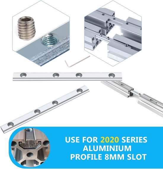 6 stuks verbindingsstukken, aluminium profielconnectoren, rechte binnenlijn, 10 cm lengte, met M5-schroeven, voor 20 x 20-serie, 6 mm groef (zilver, 6PACK-2020) — afbeelding 2