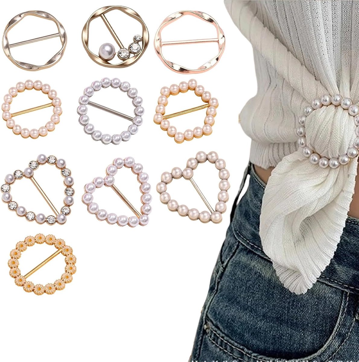 Sjaalring en T-shirt-clip, hoekgesp voor dameskleding, knoopsluiting van parels en strass, Veelkleurig