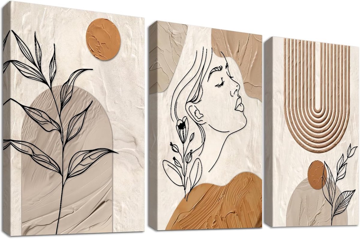 Set van 3 houten ingelijste Boheemse aardetinten canvas muurkunst elegante abstracte vrouw gezicht schilderij op canvas prints geometrische zon foto's voor woonkamer slaapkamer hal wanddecoratie 50 x