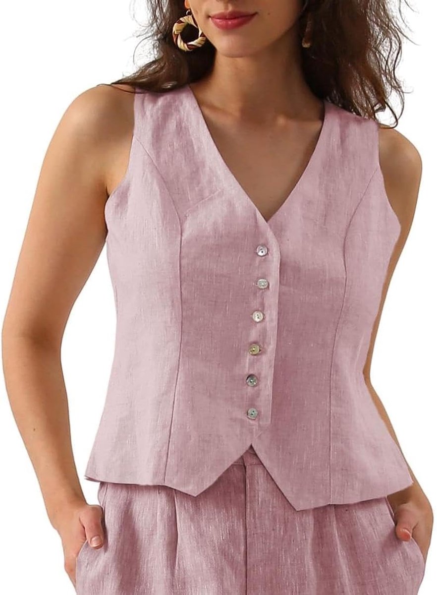 Kostuumvest voor dames, linnen mouwloos vest, damesvest, V-hals, kort, knoopsluiting, smalle pasvorm, verstelbare riemen