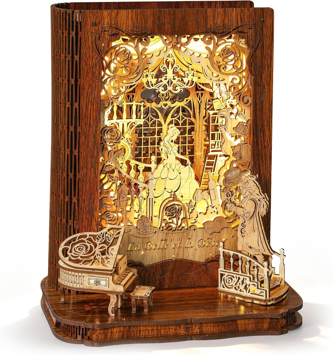 3D houten puzzel Belle en het Beest met LED-verlichting – DIY Storybook Lamp, 3D houten modelbouwpakket, woondecoratie en creatief cadeau voor volwassenen