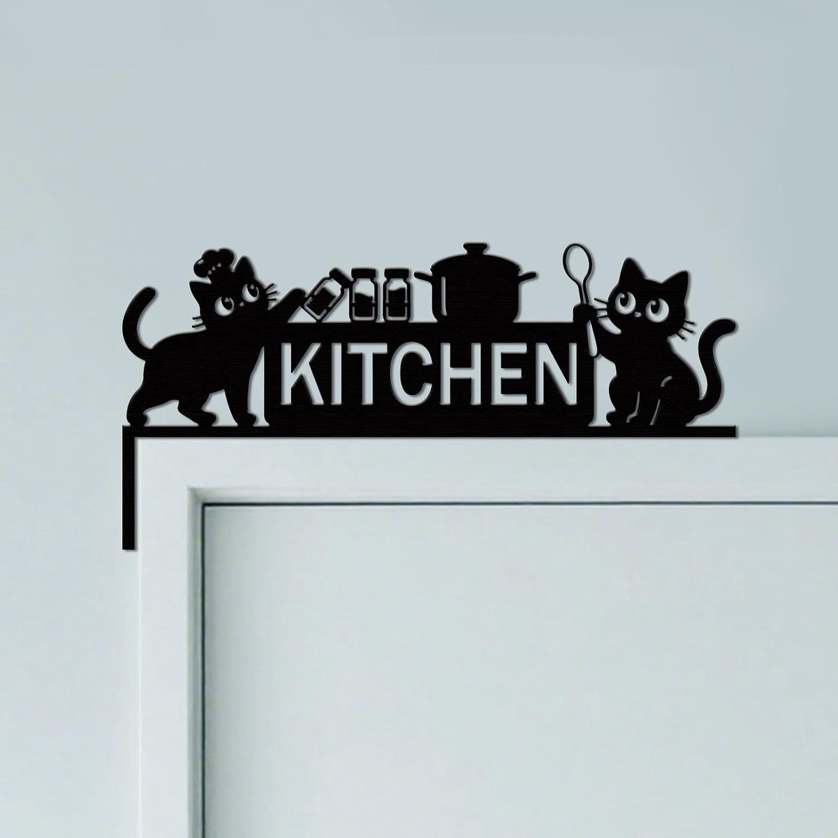 Grappige keuken kattendeur topper teken muurkunst decor, 30 cm x 15 cm dubbelzijdig metaal uniek hangend boven deurframe hoekaccent voor thuis voordeur hal kamer entree