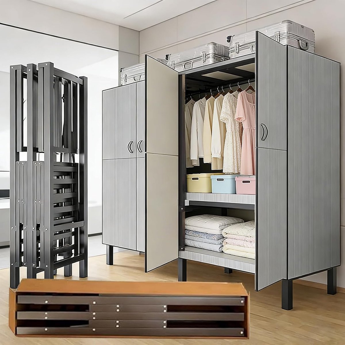 Opvouwbare Metalen Kledingkast Zonder Montage, Stevige Kledingrek Met Magneetsluiting, Stofdichte Opslag Ruimtebesparend voor Slaapkamer (Grijs, 100cm)