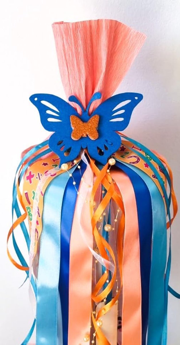 Vilten strik, 55 cm x 14 cm, vlinder met naamplaatje, schoolzakje, strik, geschenkstrik, eerste schooldag en uniek met designbescherming (vlinder donkerblauw)