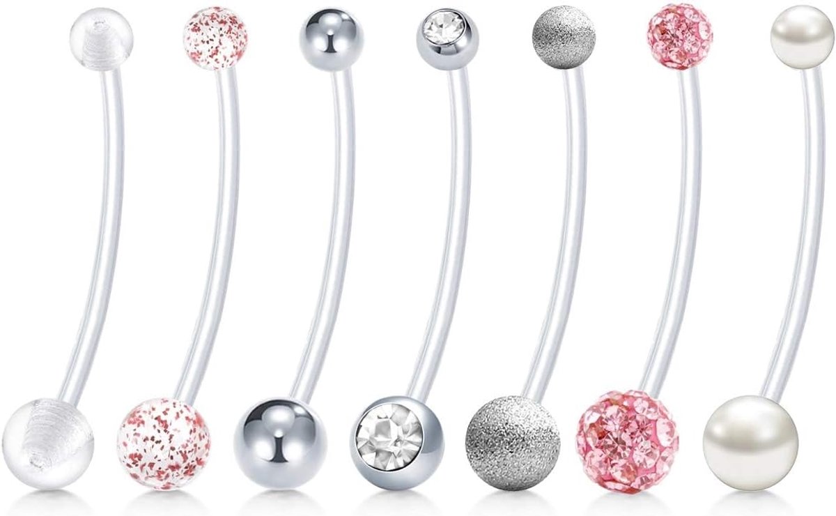 Zwangerschap navelstaafje Bioflex lange navelstaafje met plastic vervangende navelpiercing ballen, navelstaafjes navelpiercing voor zwangere vrouwen