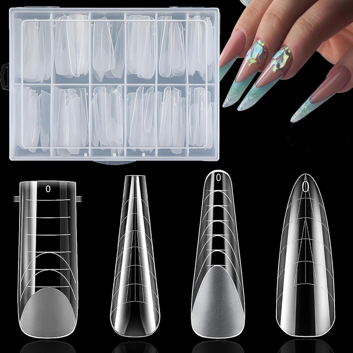 dubbele nagelvorm, 4 stijlen, acryl tips, nagels met gegradueerde schaal voor nagels, gereedschap voor manicure, maninails en tip nail art (96 stuks)