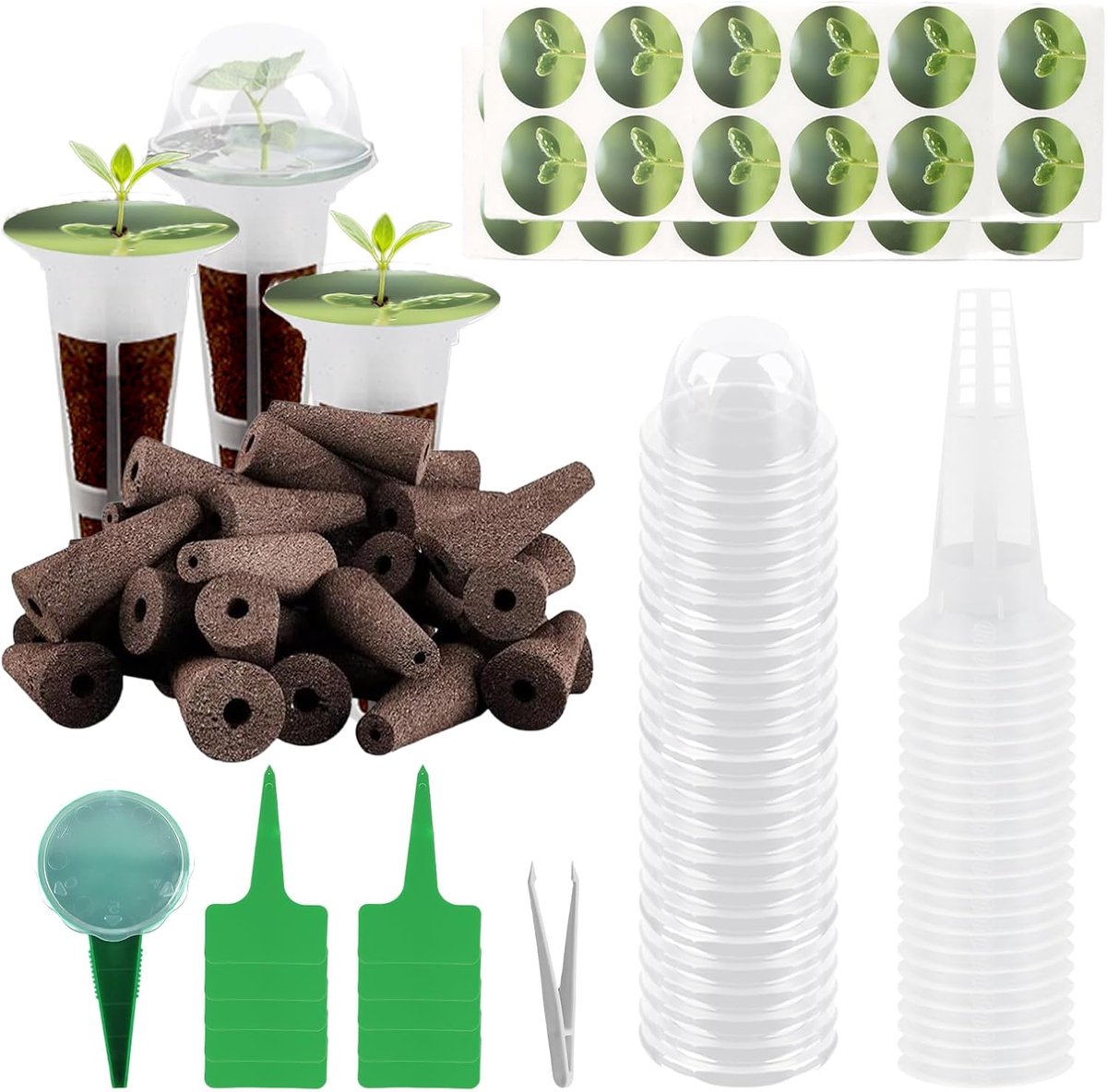 kweekset, 108 stuks, 24 groeisponzen, 24 plantenmanden, 24 geïsoleerde deksels, hydrocultuur kweeksysteem voor binnen, voor groenten, bloemen, kruiden