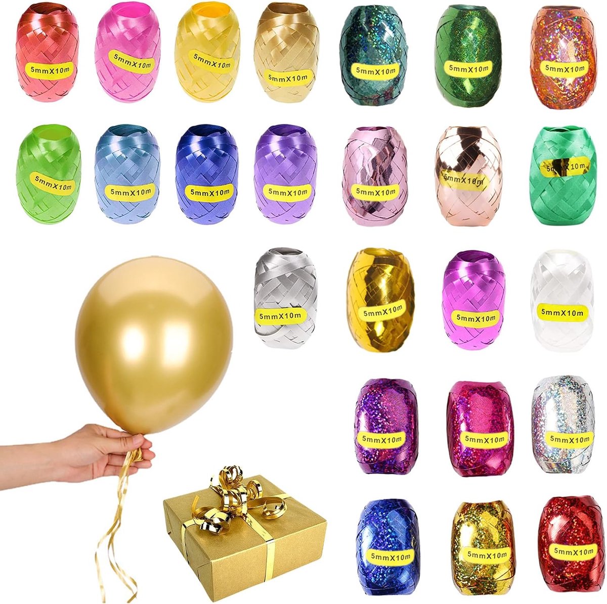 kerstdecoratieset - 24 stuks (5 mm × 10 m / rol) lint kleurrijke kleuren voor feestdagen, bruiloft party - ringband decoratie voor ballon cadeau