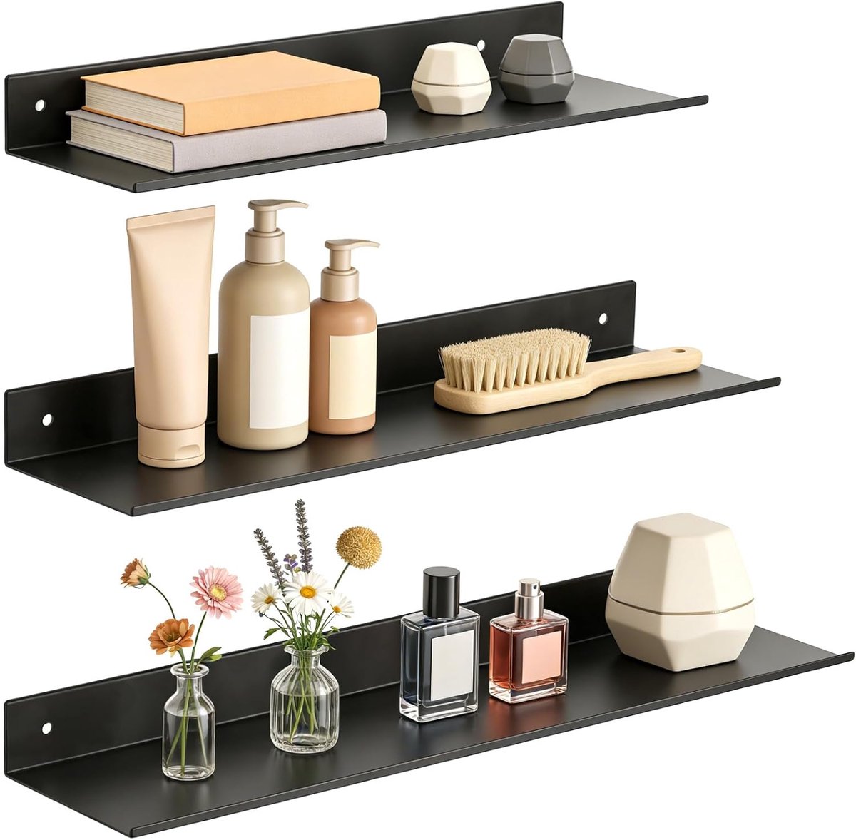 3 stuks zwarte aluminium zelfklevende wandplanken, multifunctionele doucheplanken zonder boren voor decoratie, groepering, badkamer, keuken en woonkamer, 30/35/40