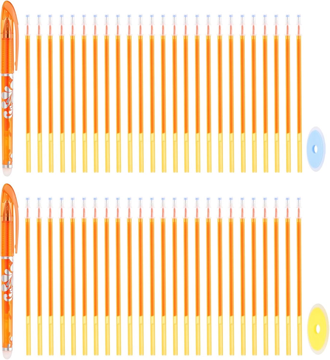 Gelpennen met 50 navullingen & 2 gummen, 0,5 mm hitte-uitwisbare pennen voor stoffen, oranje inkt stoffen markeringspen voor naaien, quilten, planner, schrijven