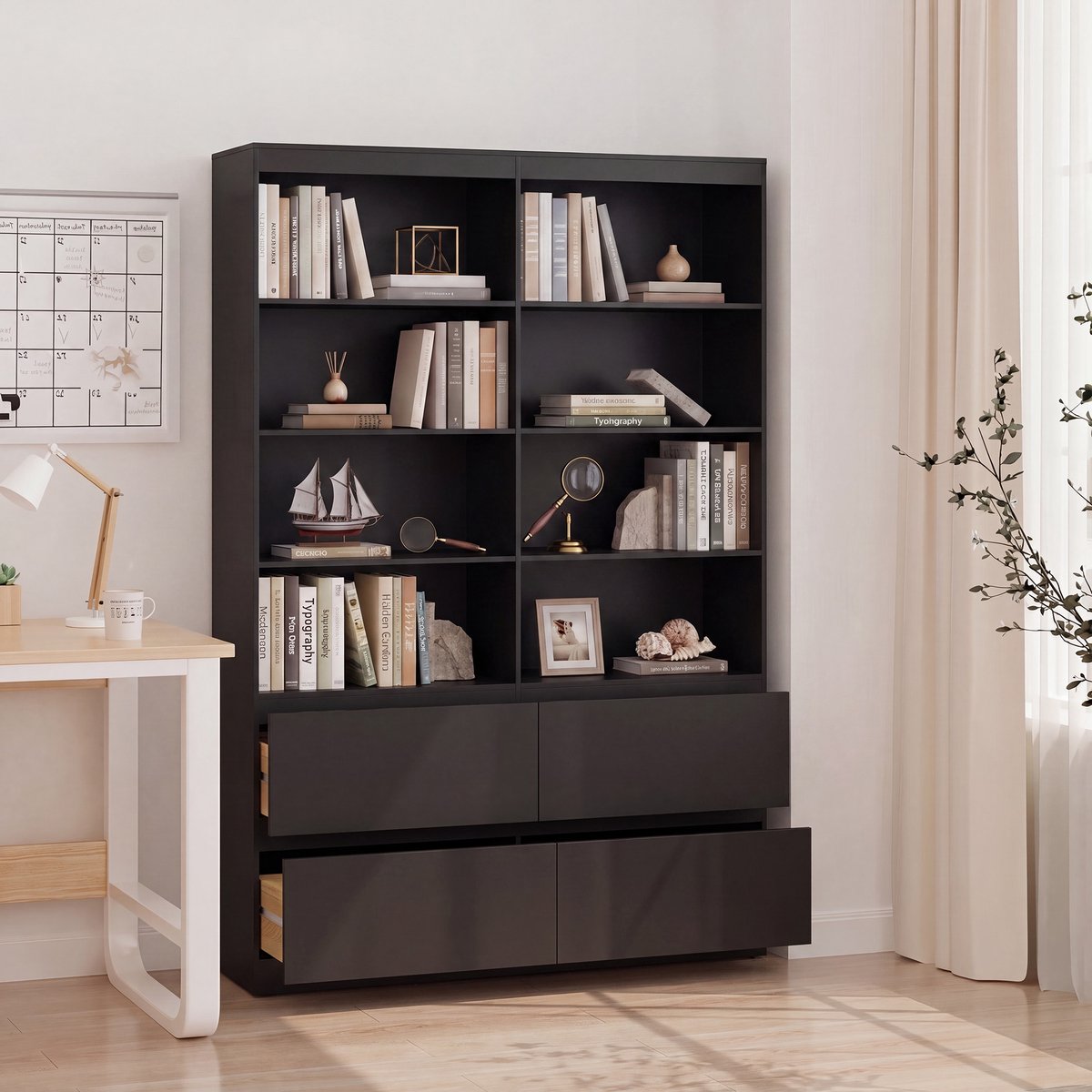 Xbro Boekenkast met 8 Open Vakken en 4 Laden, Opbergkast met Glad Oppervlak en Ingebouwde Handgrepen voor Woonkamer en Slaapkamer, 120 x 35 x 180 cm, Zwart