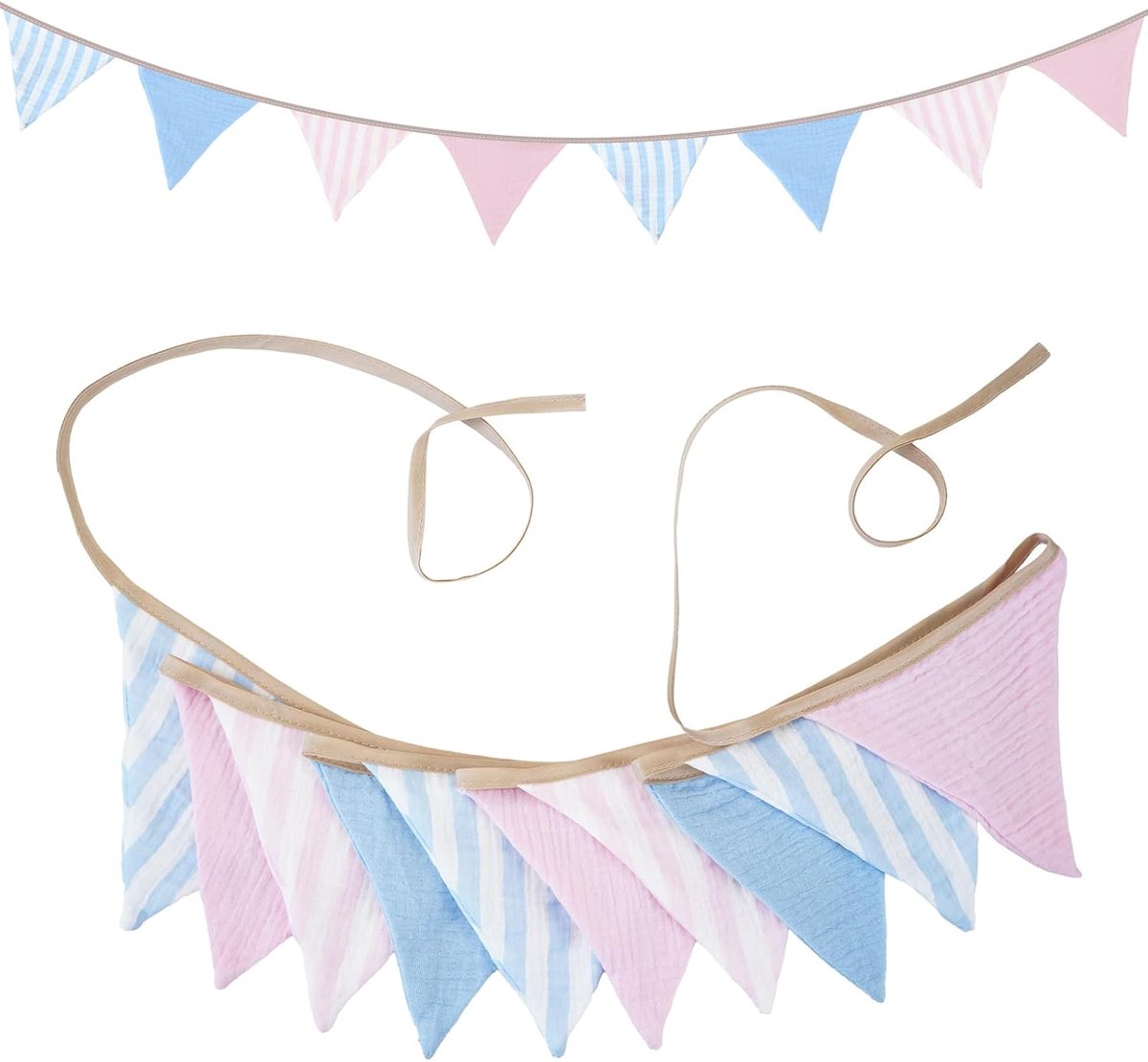 2,6 m katoenen vlaggetjesslinger: blauwe vlaggetjesslinger met verticale strepen, dubbelzijdige slinger voor kinderkamer, babyshower, verjaardag, doop, doe-het-zelf