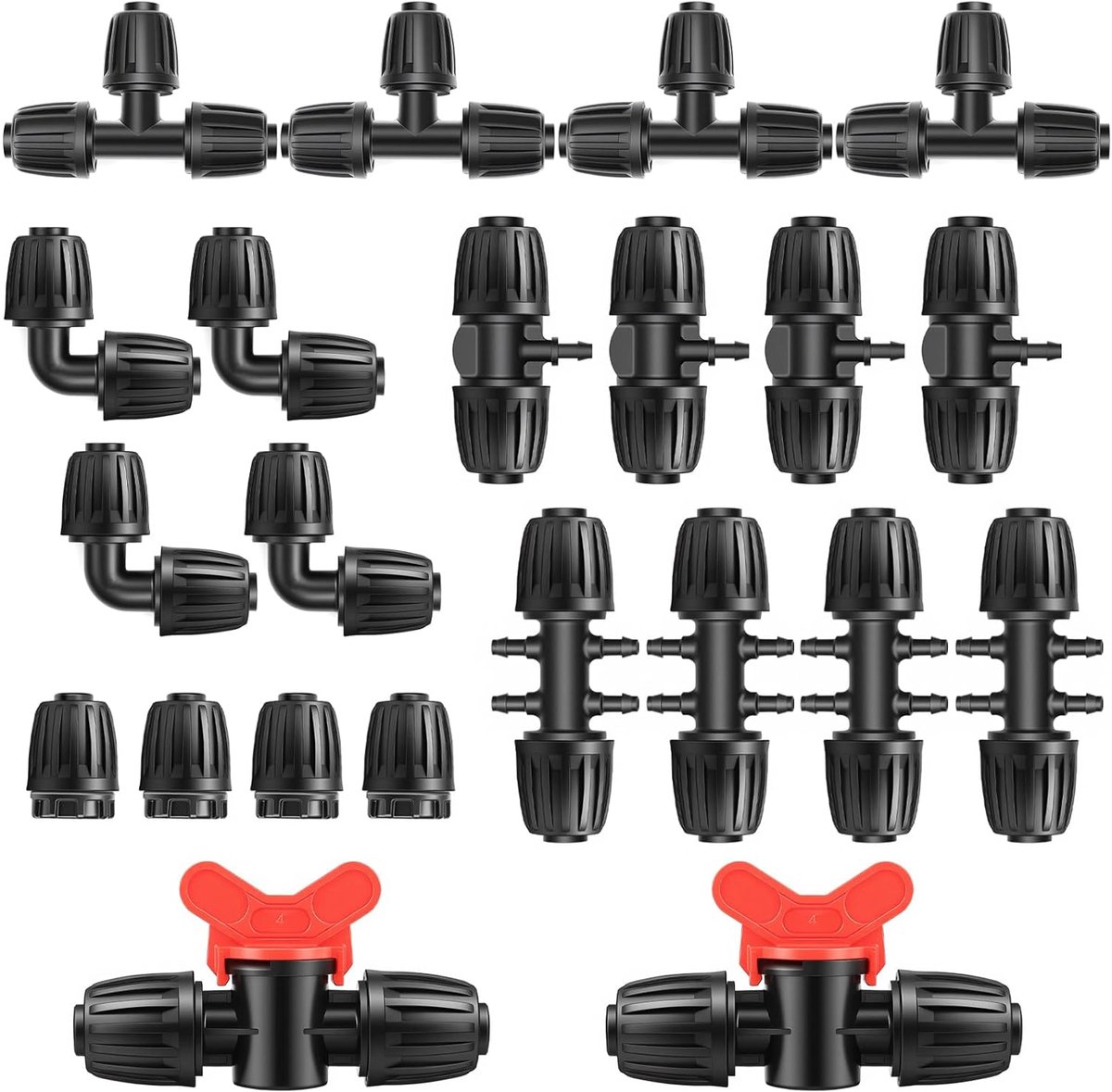 22-delige irrigatiekit met afsluitkleppen, 1/2 inch tot 1/4 inch T-stuk, 6-weg bogen, 1/2 inch T-stuk eindkap voor tuin, gazon, watervoorziening, tuinirrigatie