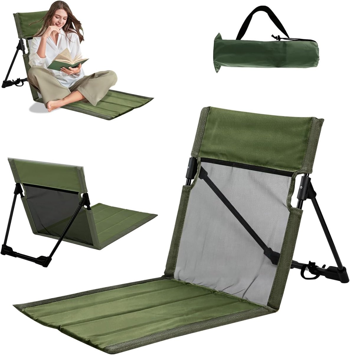 Strandmat met rugleuning, draagbare, lichte strandstoel, opvouwbare strandstoel, draagbare strandstoel, opvouwbare campingstoel, ligstoel voor picknick, tuin, wandelen (groen 1)