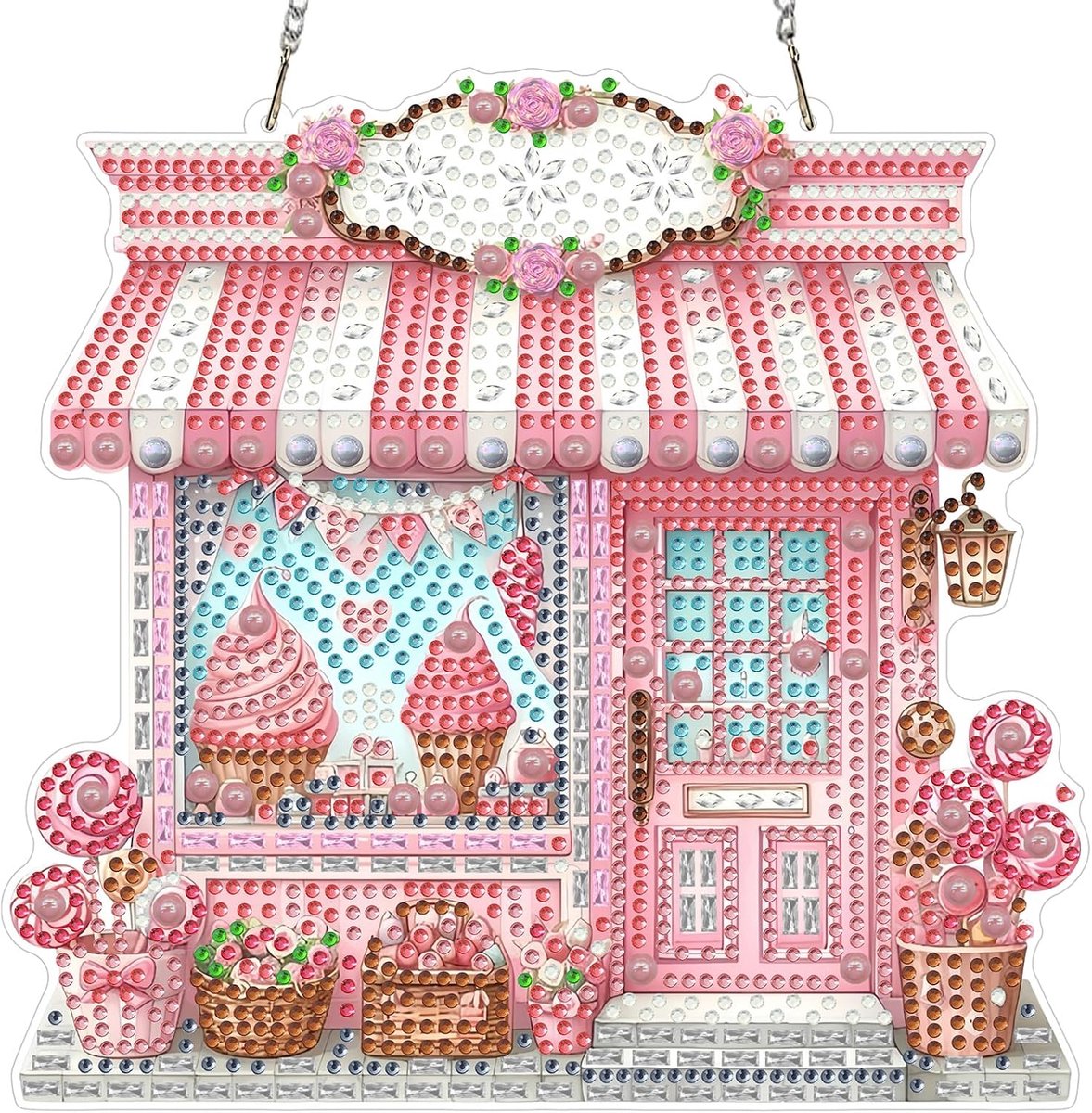 Roze snoep huis diamond painting raamafbeeldingen aan beide zijden diamant schilderij hanger met ketting, diamant schilderij foto's kristal raamafbeeldingen voor geschenk wanddecoratie