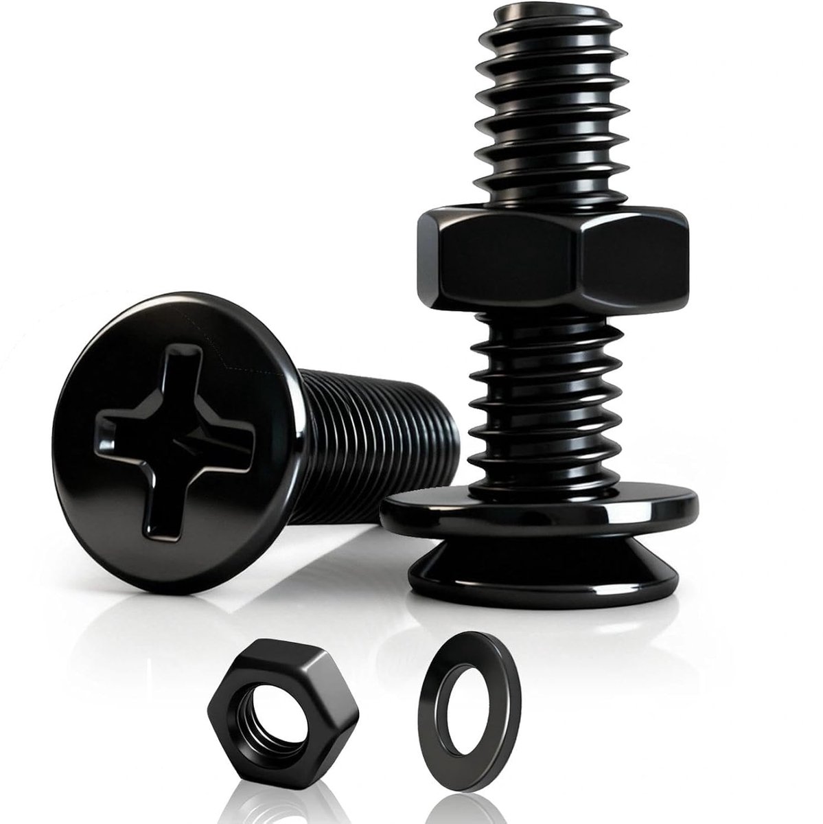 M3, 60 stuks, M3 x 16 mm, plat, met moeren en sluitringen, zwart, koolstofstaal voor meubels en machines