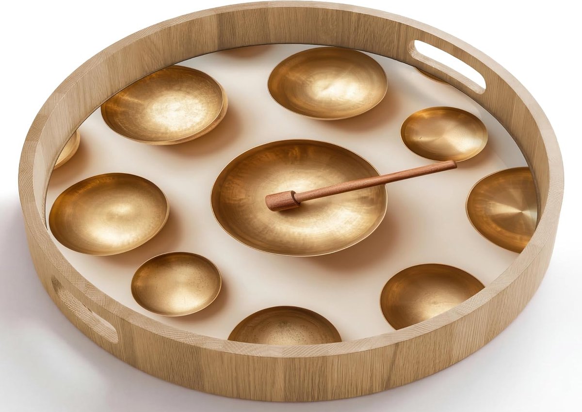 Dienblad Rond 50x50 cm Serveerblad Met Handgrepen Krasbestendig Hittebestendig Eikenhout Wooden Serving Tray Koffie Thee Symmetrisch - Goud - Brons - Balans