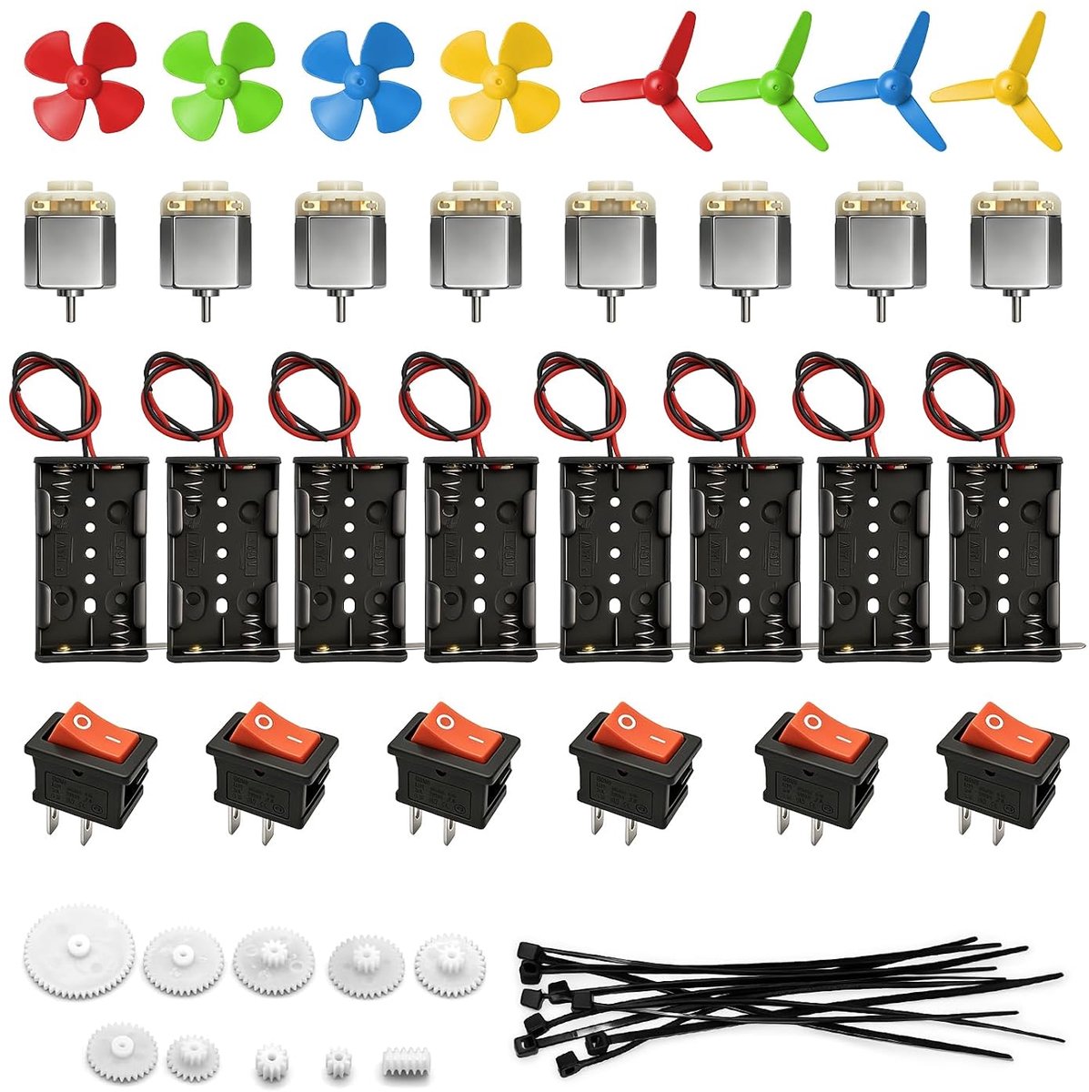 8 Set 130 Micro DC motor Set, 3,7V 12000RPM Miniatuur Elektromotor | met 8 AA Batterijhouder, Mini Boot Schakelaar, Propeller, Tandwielen & Kabelbinders, voor DIY, Wetenschappelijke Experimenten