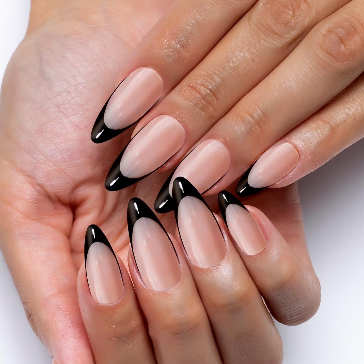 12 maten - 24 stuks amandelvormige press-on nagels | Nude zwarte French Tip nagels press-ons | Middellange puntige kunstnagels | Herbruikbare plaknagels voor dagelijkse doe-het-zelf-projecten