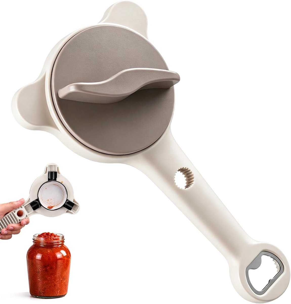 4-in-1, verstelbare blikopener, 3 klauwen, staal, gemakkelijk te openen, schroefdeksel, blikjes en flessen, antislip handvat, flesopener voor senioren en artritici (beige)