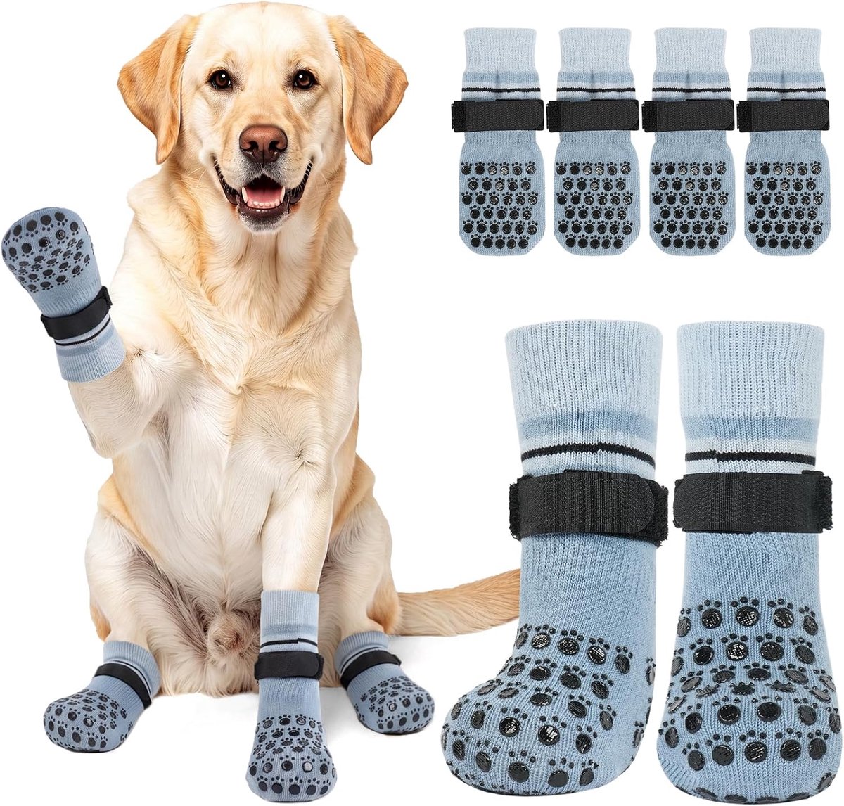 Hondensokken, lekbescherming, sokken pootbescherming hond, lichtblauw, 4 stuks | Antislip hondensokken met grip, lekbescherming voor wonden, verstelbare klittenbandsluiting, zacht, elastisch en duurzaam.