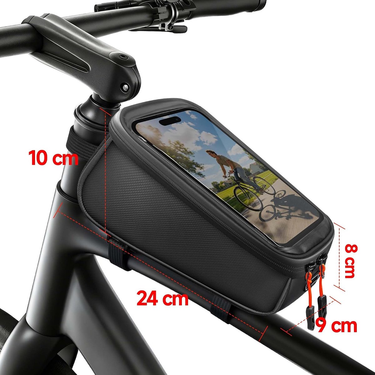 Fietstas, stuurtas, waterdicht, bovenbuistas fiets voor smartphone met telefoonhouder, transparante touchscreen-hoes voor MTB, racefiets en e-bike (24 x 9 x 10 cm)