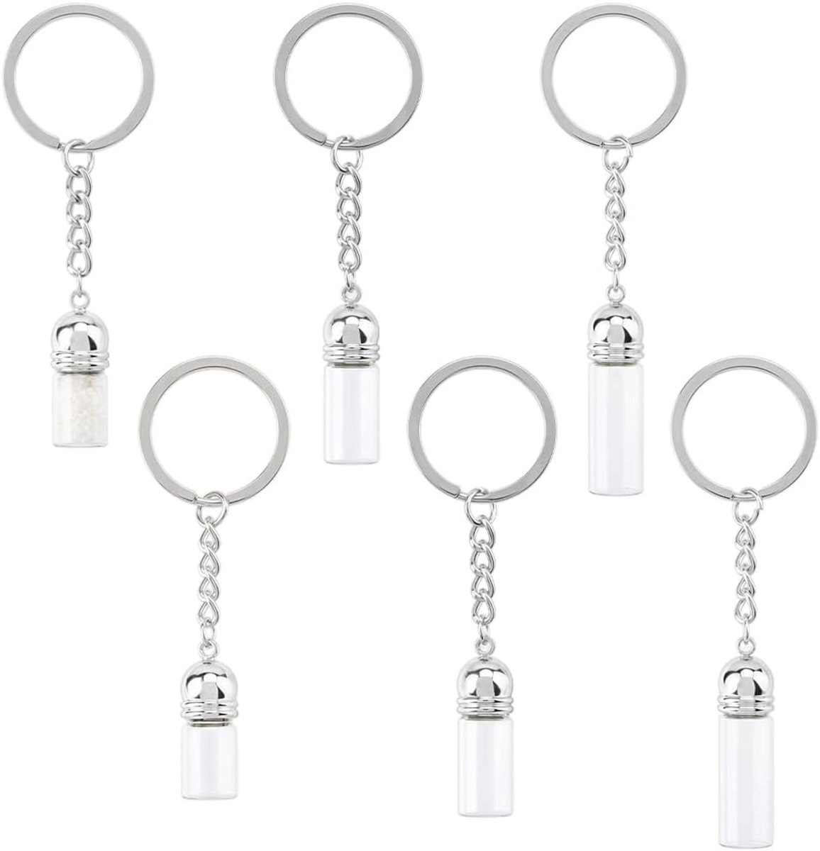 6 sets etherische olie flesjes sleutelhanger 3 maten glazen flesje hanger met aromatherapie functie platina ijzer acryl flesje hangers bedeltje voor persoonlijke geur