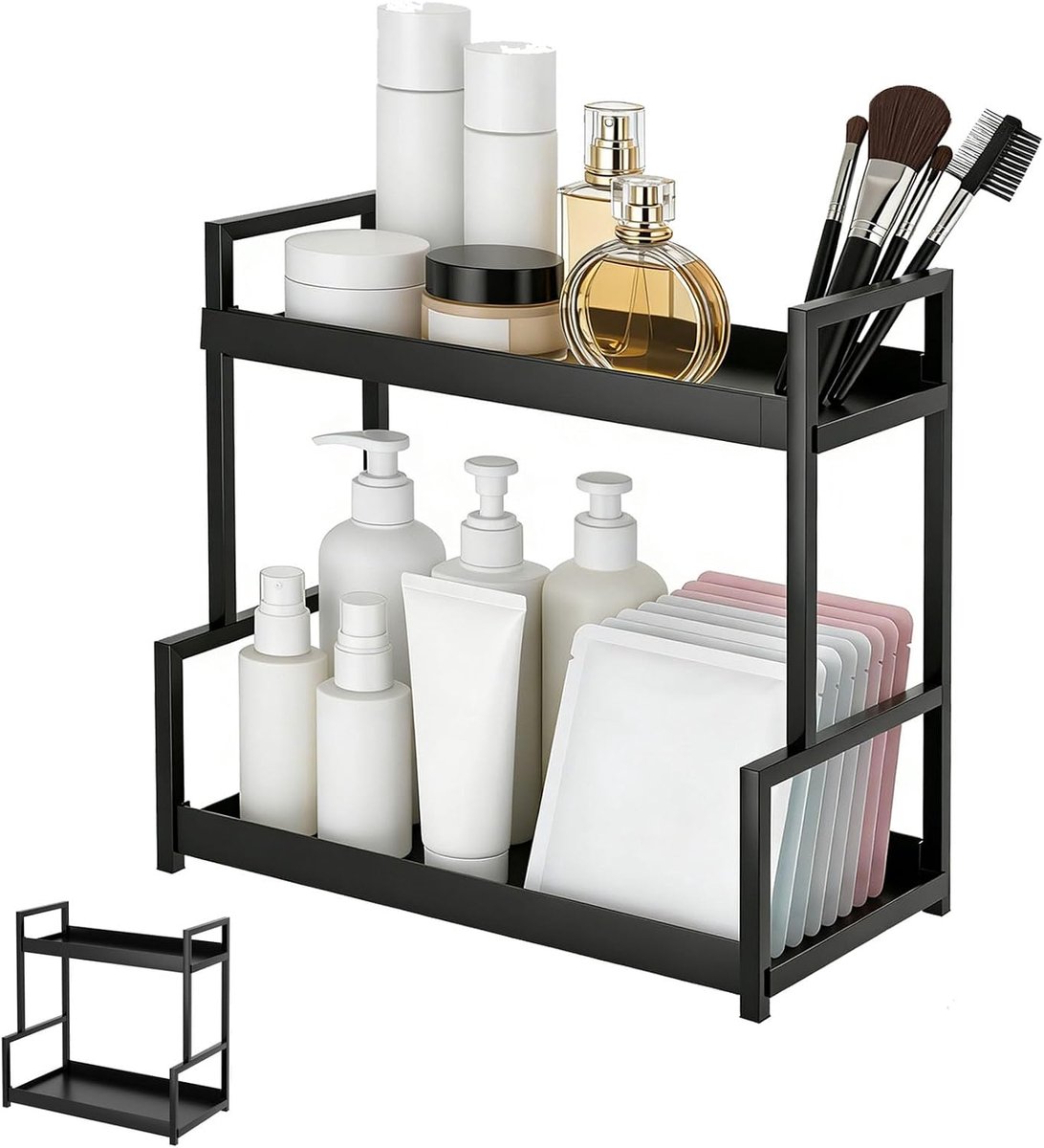 Badkamer-organizer met 2 niveaus, 40 x 22 x 40 cm, ijzer, rechthoekig, voor de keuken, dubbellaags, voor het bewaren van parfum, cosmetica, zwart