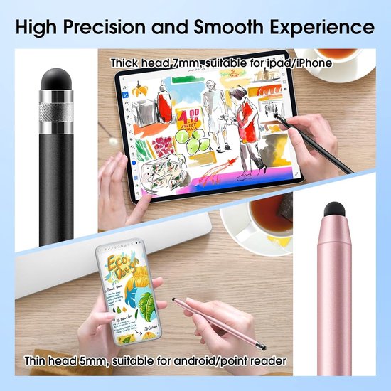 Tabletpen, 2-in-1 universele touchscreen-stylus met magnetische rubberen punt met 6 reserveopzetstukken voor iPad iPhone Samsung Huawei Xiaomi Surface Chromebook (zwart + roségoud) — afbeelding 3