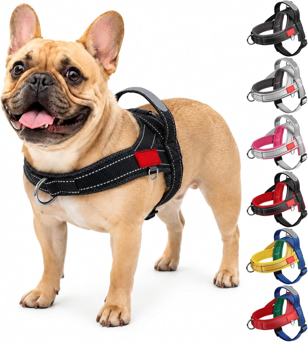 Hondenharnas voor puppy's, kleine en middelgrote honden, anti-trekharnas met handvat, verstelbaar, reflecterend, ademend borstharnas, anti-trek hondenharnas, zwart/grijs, L