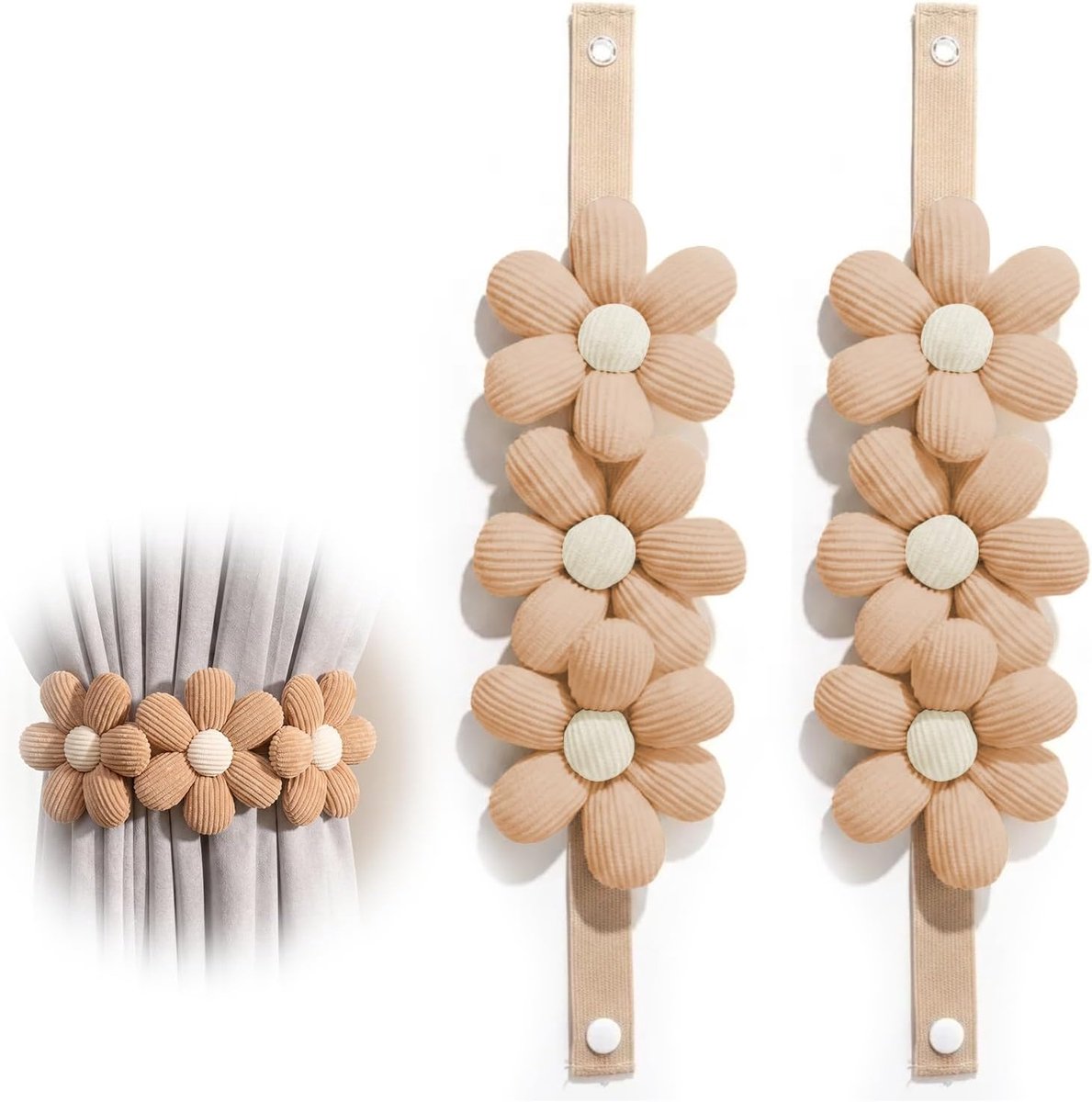Gordijnen embrasses bloemen, vitrage gordijnen van stof met drukknoop en elastische band, decoratieve gordijnhouders voor gordijnen, 1 paar, 45 cm lengte, bruin