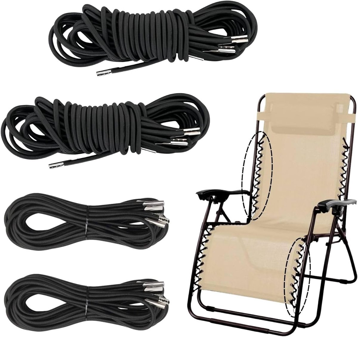 touw voor ligstoel, 4 stuks, 2 x 2,2 m + 2 x 1,4 m, elastisch koord met elastiek, zwart, voor relaxstoel en Zero Gravity Chair, als reserveriem