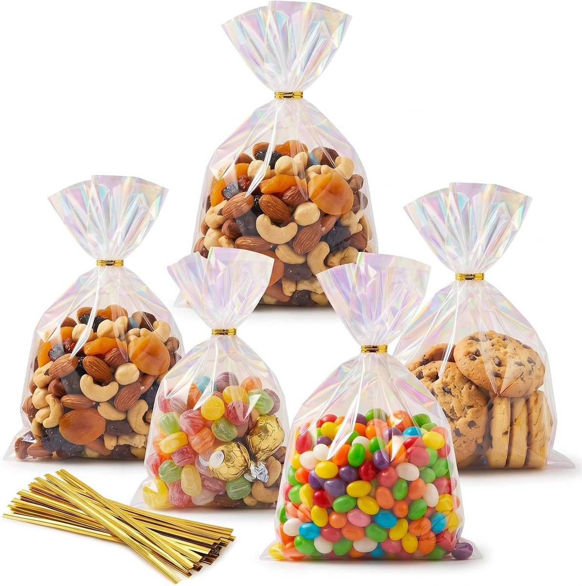 znqdiy 100 transparent cellophane sweet bags, rainbow cellophane party bags | Multicoloured plastic, with drawstring | Gift bags suitable for weddings, birthdays and parties