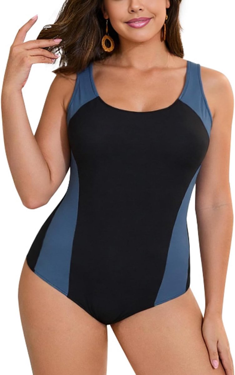 Eendelig badpak voor dames, buikweg, atletische badmode, grote maten, racerback, sportbadpak, kleurblok, zwempak